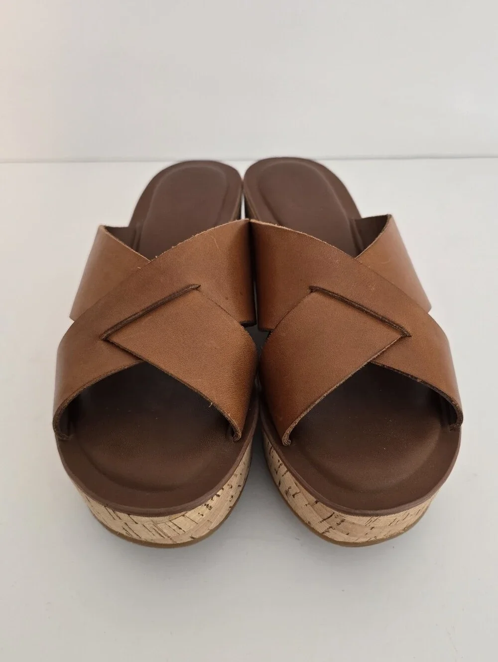 Kork-Ease Brown Leather Cork Wedge Slide Sandals